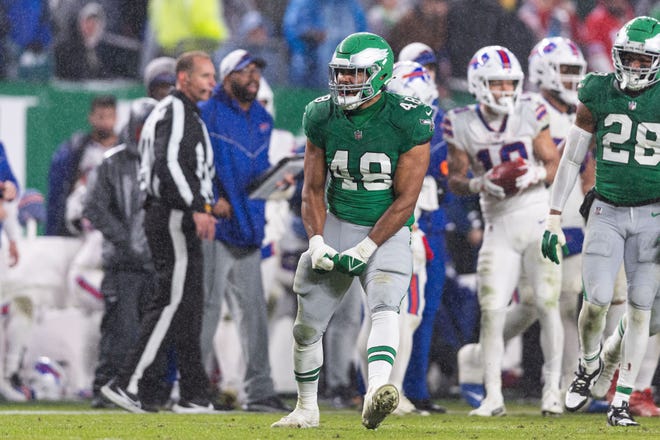 Nov 26, 2023; Philadelphia, Pennsylvania, USA; Philadelphia Eagles linebacker Patrick Johnson (48) reacts after a defensive stop against the Buffalo Bills at Lincoln Financial Field. Mandatory Credit: Bill Streicher-USA TODAY Sports