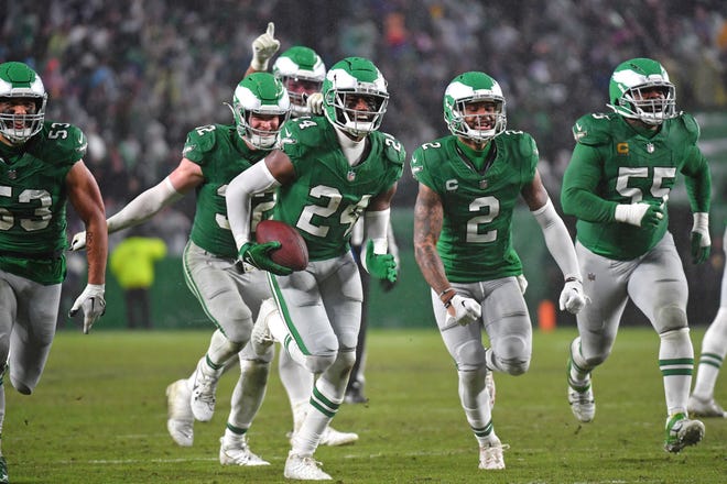 Nov 26, 2023; Philadelphia, Pennsylvania, USA; Philadelphia Eagles cornerback James Bradberry (24) celebrates his interception during the fourth quarter against the Buffalo Bills at Lincoln Financial Field. Mandatory Credit: Eric Hartline-USA TODAY Sports