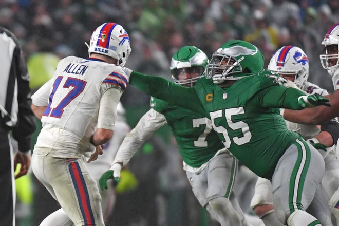 Nov 26, 2023; Philadelphia, Pennsylvania, USA; Philadelphia Eagles defensive end Brandon Graham (55) sacks Buffalo Bills quarterback Josh Allen (17) during the fourth quarter at Lincoln Financial Field. Mandatory Credit: Eric Hartline-USA TODAY Sports