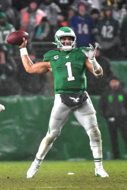 Nov 26, 2023; Philadelphia, Pennsylvania, USA; Philadelphia Eagles quarterback Jalen Hurts (1) throws a pass against the Buffalo Bills during overtime at Lincoln Financial Field. Mandatory Credit: Eric Hartline-USA TODAY Sports