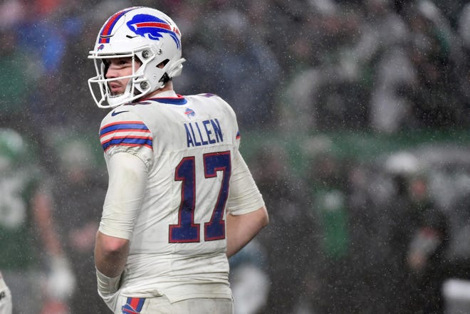 Nov 26, 2023; Philadelphia, Pennsylvania, USA; Buffalo Bills quarterback Josh Allen (17) during overtime loss against the Philadelphia Eagles at Lincoln Financial Field. Mandatory Credit: Eric Hartline-USA TODAY Sports