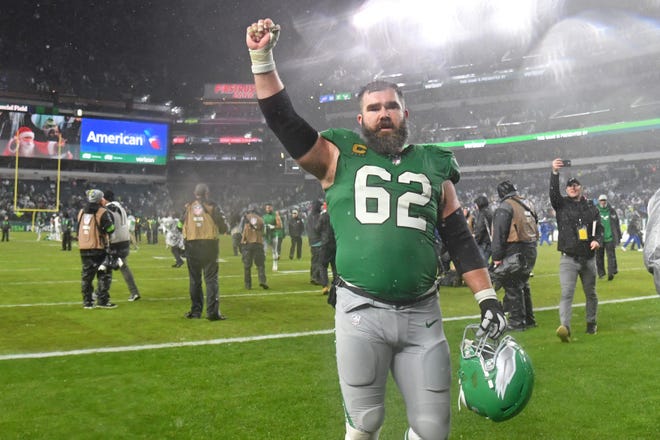 Nov 26, 2023; Philadelphia, Pennsylvania, USA; Philadelphia Eagles center Jason Kelce (62) walks off the field after overtime win against the Buffalo Bills at Lincoln Financial Field. Mandatory Credit: Eric Hartline-USA TODAY Sports