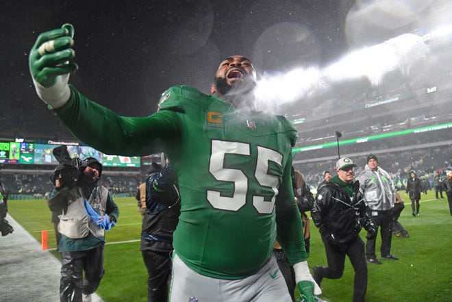 Nov 26, 2023; Philadelphia, Pennsylvania, USA; Philadelphia Eagles defensive end Brandon Graham (55) walks off the field after overtime win against the Buffalo Bills at Lincoln Financial Field. Mandatory Credit: Eric Hartline-USA TODAY Sports