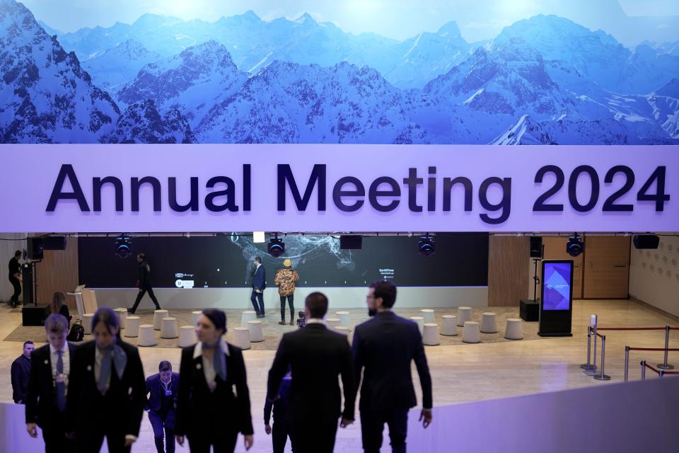 FTSE People at the Congress Center where the World Economy Forum take place in Davos, Switzerland, Sunday, Jan. 14, 2024. The annual meeting of the World Economic Forum is taking place in Davos from Jan. 15 until Jan. 19, 2024. (AP Photo/Markus Schreiber)