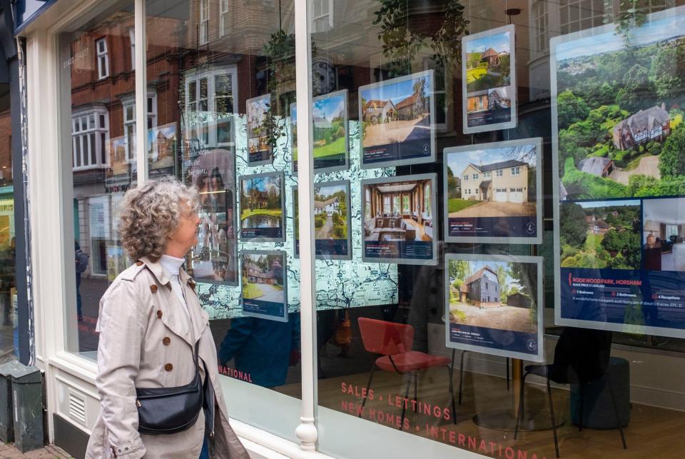 A woman looks at properties for sale in Hamptons Estate Agents. FTSE and EU stocks mixed