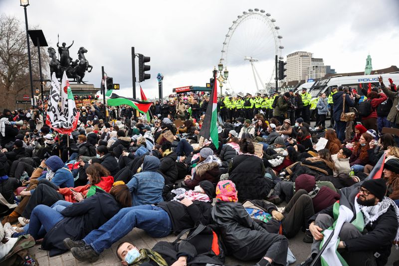 Pro-Palestinian protesters block bridge outside UK parliament
