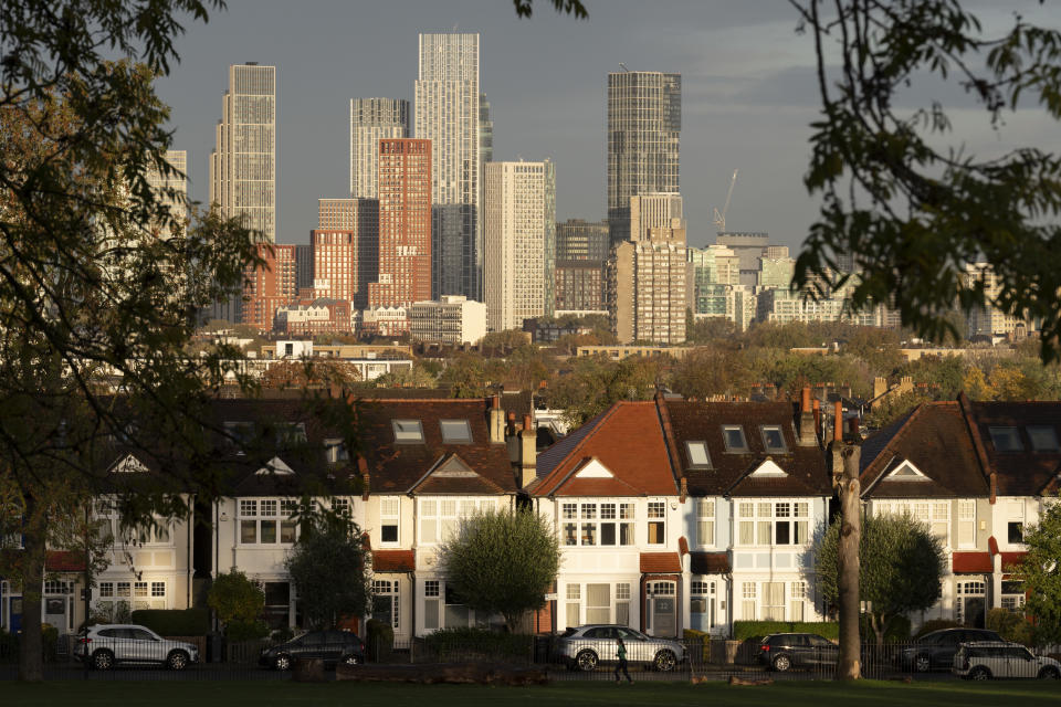 Looking through ash trees towards suburban residential properties and distant city high-rises in Ruskin Park, a public green space in Lambeth, on 9th November 2023, in London, England. (Photo by Richard Baker / In Pictures via Getty Images)