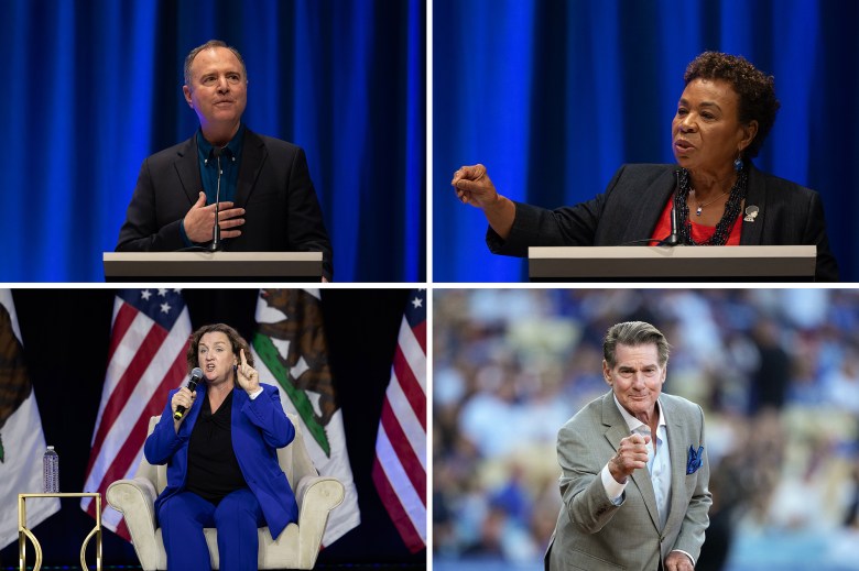 Clockwise from top left, U.S. Rep. Adam Schiff, U.S. Rep. Katie Porter, Steve Garvey and U.S. Rep. Barbara Lee are all vying for U.S. Senate seat left vacant by the late Dianne Feinstein. Photos by Miguel Gutierrez Jr., CalMatters and Kirby Lee, USA TODAY Sports via Reuters