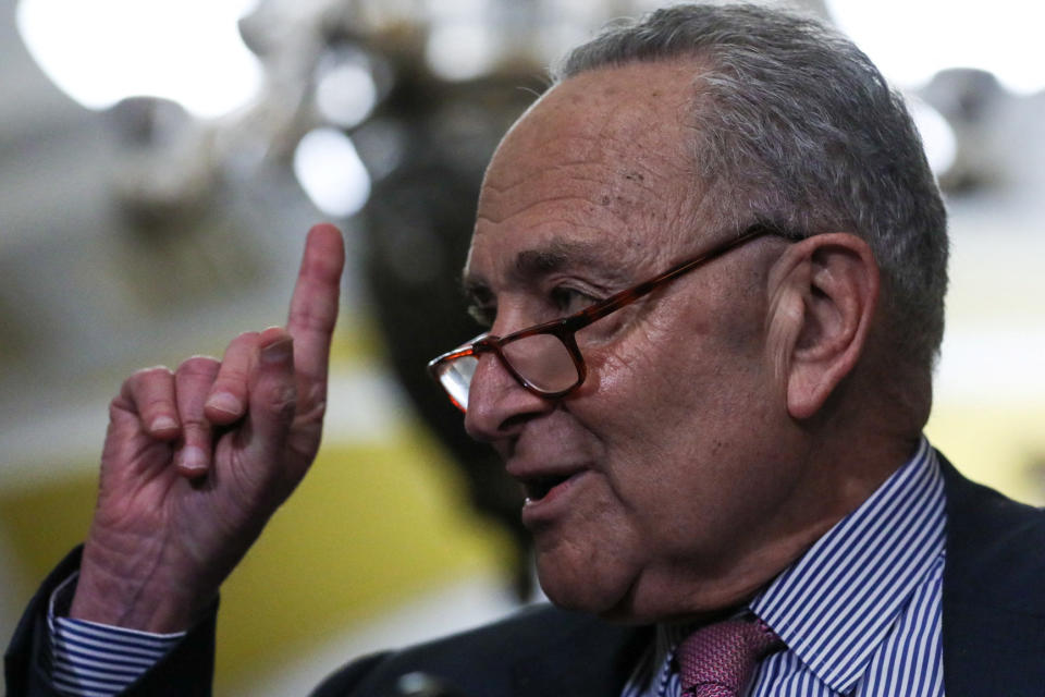 Senate Majority Leader Chuck Schumer (D-NY) responds to questions during the Democratic Caucus lunch press conference at the U.S. Capitol in Washington, U.S., on January 9, 2024. REUTERS/Anna Rose Layden