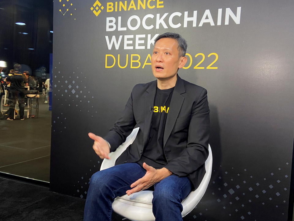 Richard Teng, head of the Middle East and North Africa for crypto firm Binance gestures as he speaks during an interview with Reuters in Dubai, United Arab Emirates, March 30, 2022. Picture taken March 30, 2022. REUTERS/Abdel Hadi Ramahi