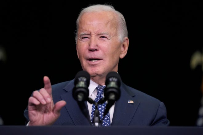 President Joe Biden speaks to the House Democratic Caucus Issues Conference at Lansdowne Resort, Thursday, Feb. 8, 2024 In Leesburg, Va.