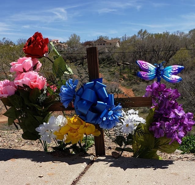 The family of Yvonne Jacobs placed this memorial along East Aztec Ave in Gallup, N.M., shortly after a drunken driver killed her while she was walking home in April 2019.