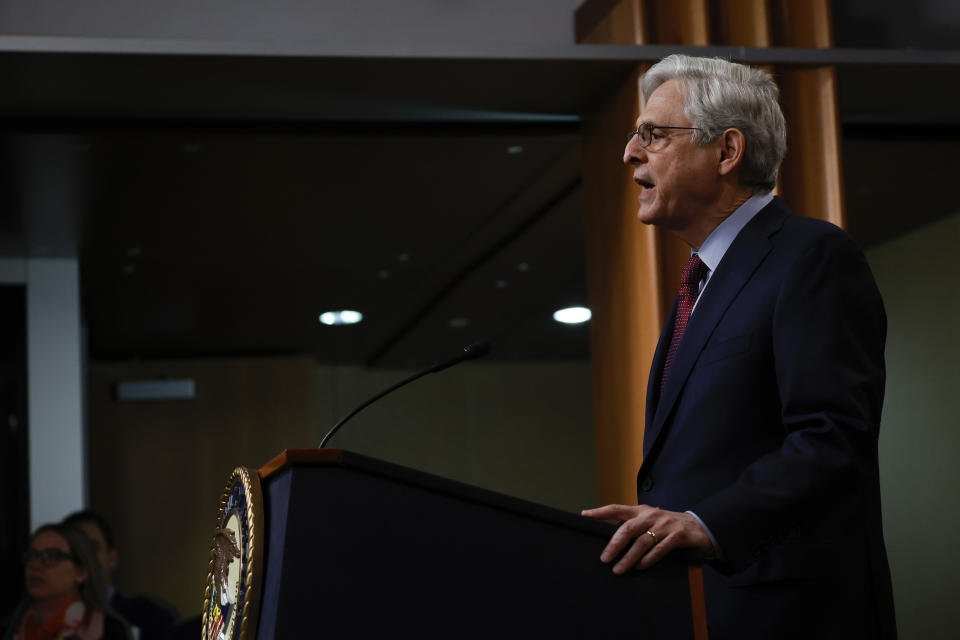 WASHINGTON, DC - NOVEMBER 21: U.S. Attorney General Merrick Garland speaks at a news conference at the U.S. Department of Justice Building on November 21, 2023 in Washington, DC. Garland held the news conference to announce new cryptocurrency enforcement actions being taken against Binance who will plead guilty to U.S. money laundering. (Photo by Anna Moneymaker/Getty Images)