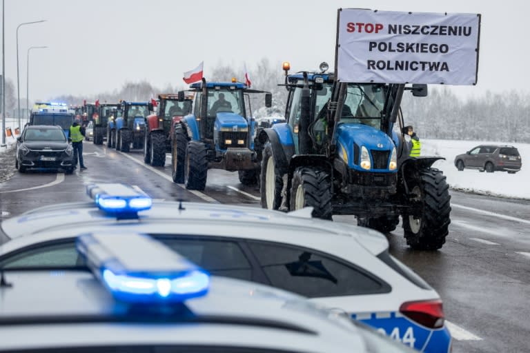 A banner reading 'Stop destroying Polish agriculture' at the Polish-Ukrainian border crossing in Dorohusk, eastern Poland, on Friday (Wojtek Radwanski)