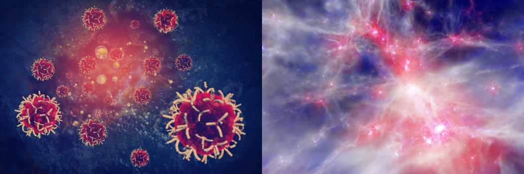 An image of cancer cells alongside The EAGLE simiulated universe from Durham's Institute for Computational Cosmology and the Virgo Consortium