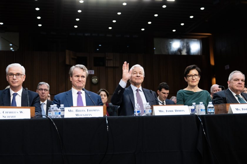 CEOs from left, Charles Scharf, Wells Fargo, Brian Moynihan, Bank of America, Jamie Dimon, JPMorgan Chase, Jane Fraser, Citigroup, and Ronald O'Hanley, State Street, testify during the Senate Banking, Housing, and Urban Affairs Committee hearing