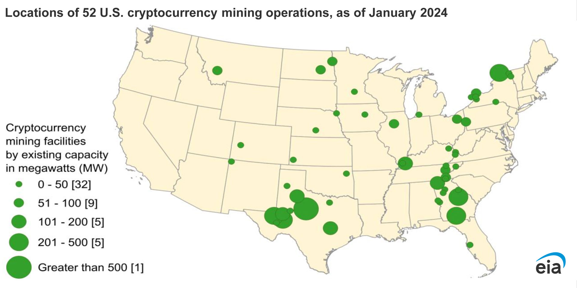 Locations of 52 U.S. cryptocurrency mining operations, as of January 2024