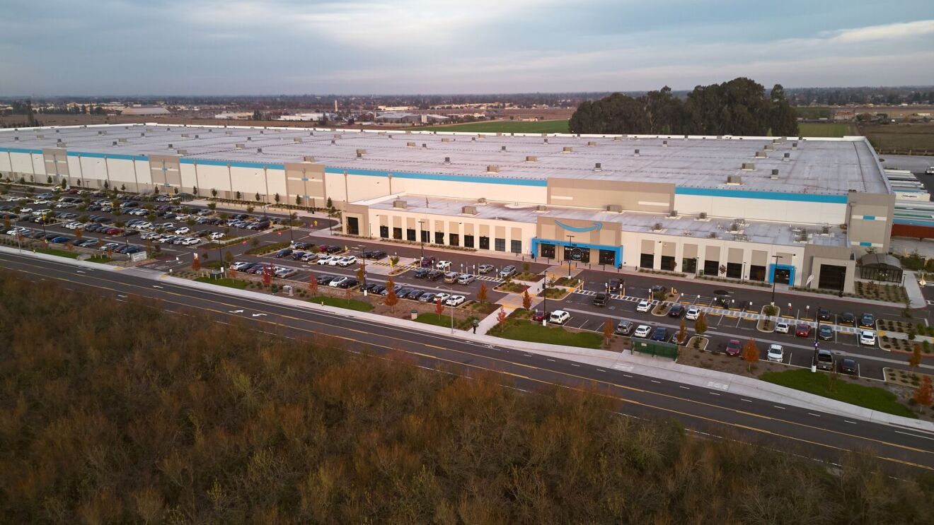 An aerial photo of an Amazon fulfillment center.