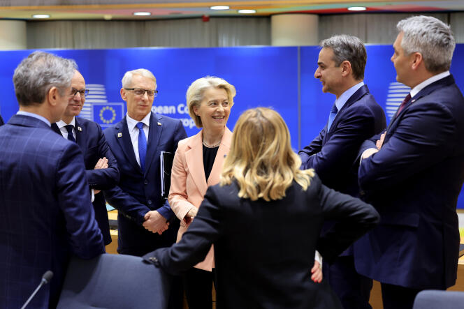 European Commission President Ursula von der Leyen talks to Slovenian Prime Minister Robert Golob, Luxembourg Prime Minister Luc Frieden, Bulgarian Prime Minister Nikolai Denkov, Greek Prime Minister Kyriakos Mitsotakis and Austrian Federal Chancellor Karl Nehammer during a roundtable discussion at an EU summit in Brussels, Thursday, March 21, 2024.