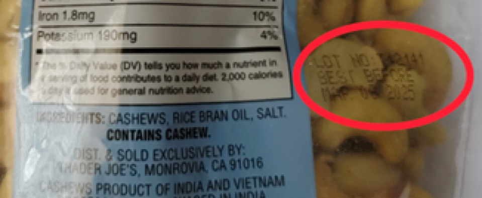 A close-up look at the lot number found on "50% Less Sodium Roasted & Salted Whole Cashews," a Trader Joe's nut product that has been recalled.
