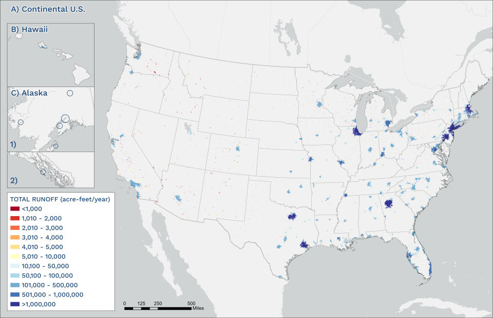 This map from the Pacific Institute's report, "Untapped Potential: An Assessment of Urban Stormwater Runoff in the United States,” shows the total estimated annual average urban stormwater runoff potential in US Urban Areas. The report finds the US Urban Areas with the greatest total annual estimated urban stormwater potential in acre-feet per year (AFY) are New York City (2.38 million AFY), Houston (2.37 million AFY), Chicago (1.62 million AFY), Dallas (1.62 million AFY), Atlanta (1.45 million AFY), Philadelphia (1.22 million AFY), Boston (1.01 million AFY), Miami (0.86 million AFY), Washington, D.C. (0.78 million AFY), and St. Louis (0.72 million AFY). While these urban areas may rise to the top of the list for stormwater capture from a volumetric perspective, the authors note a smaller volumetric potential does not preclude an area from benefiting or implementing stormwater capture.