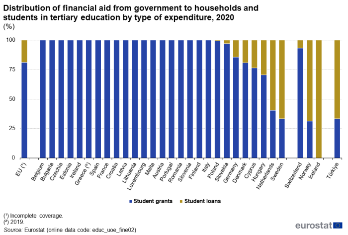 Stacked vertical bar chart showing percentage distribution of financial aid from government to households and students in tertiary education by type of expenditure in the EU, individual EU Member States, Switzerland, Norway, Iceland and Türkiye. Totalling 100 percent, each country column has two stacks representing student grants and student loans for the year 2020.