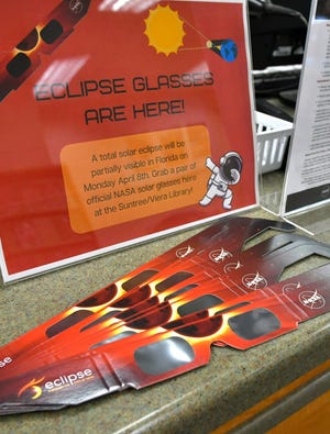 Solar Eclipse glasses at the Suntree Viera Library Childens Department. All of the public libraries in Brevard County have received solar eclipse glasses free of charge from NASA. They can be picked up while supplies last.