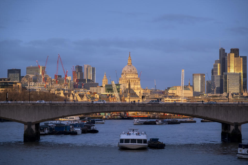 ftse City of London skyline view looking over the River Thames and Waterloo Bridge at sunset on 10th February 2024 in London, United Kingdom. The City of London is a city, ceremonial county and local government district that contains the primary central business district CBD of London. The City of London is widely referred to simply as the City is also colloquially known as the Square Mile. (photo by Mike Kemp/In Pictures via Getty Images)