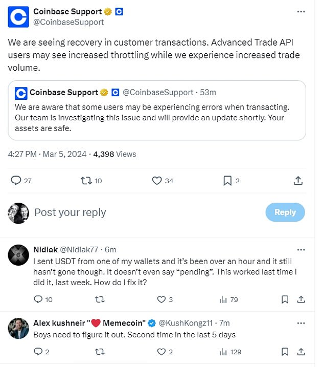 Coinbase said at 4.27pm ET there was 'recovery' in the problem but users stil reported issues