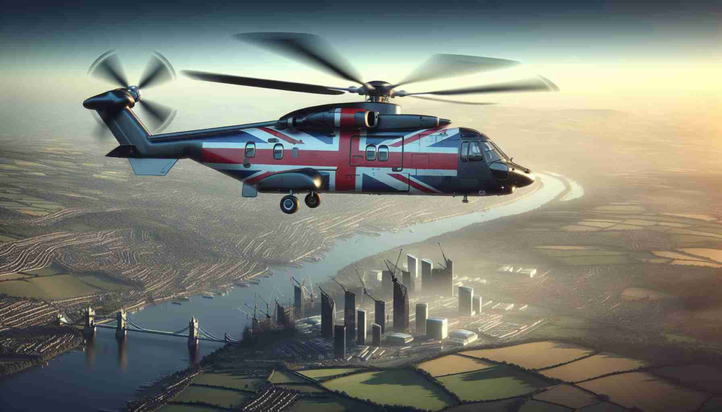 A high definition, realistic image of the United Kingdom strengthening its defense and economy with a new fleet of helicopters. Depict the helicopters hovering against the backdrop of the UK landscape. Ensure to highlight sleek designs and modern technology features on the helicopters as symbols of economic prosperity and strengthening defense.