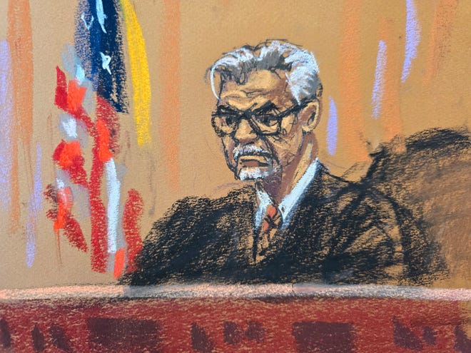 Justice Juan Merchan presides during a hearing before the trial of former President Donald Trump over charges that he falsified business records to conceal money paid to silence porn star Stormy Daniels in 2016, in Manhattan state court in New York City, March 25, 2024 in this courtroom sketch.