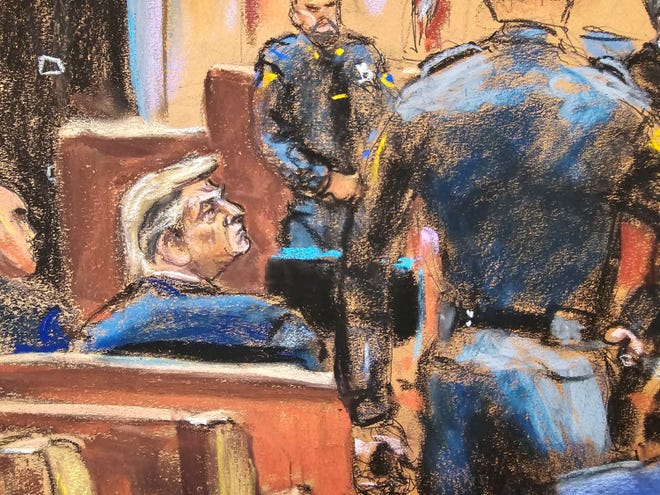 In a courtroom sketch, former President Donald Trump sits beside his lawyer Emil Bove during jury selection of his criminal trial on charges that he falsified business records to conceal money paid to silence porn star Stormy Daniels in 2016, in Manhattan on April 19.