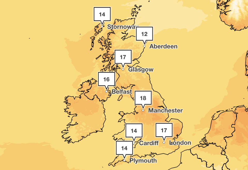 The temperatures on Friday afternoon. (Met Office)