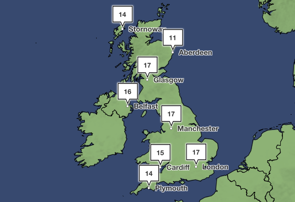 The temperatures on Saturday afternoon. (Met Office)