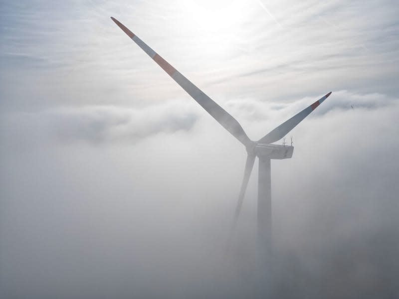 A wind turbine rises up out of the morning mist in a wind farm west of Halle. Jan Woitas/dpa