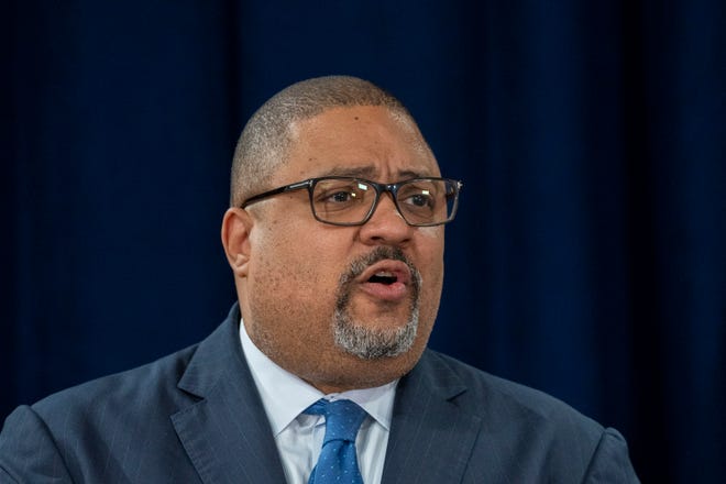 Manhattan District Attorney Alvin L. Bragg Jr. give a press conference detailing the charges against former President Donald Trump on April 4, 2023, in New York City.