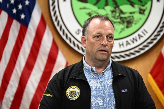 Governor of Hawaii Josh Green speaks during a press conference about the destruction of historic Lahaina and the aftermath of wildfires in western Maui in Wailuku, Hawaii on August 10, 2023.