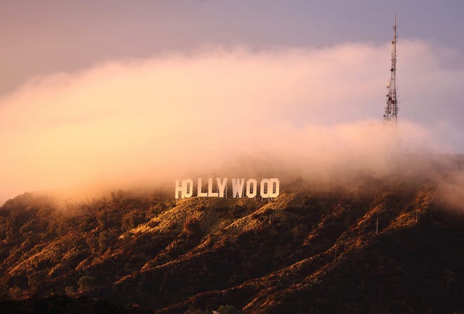 The Hollywood sign is viewed during a clearing storm on January 22, 2024, in Los Angeles, California.