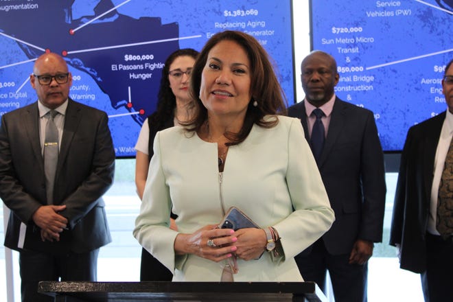 U.S. Rep. Veronica Escobar, D-El Paso, speaks during a news conference Friday, April 5, 2024, in Downtown El Paso to announce $19 million in federal funding for 15 different projects across El Paso and the surrounding area.