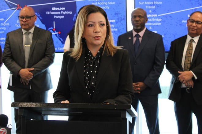 Mirella Craigo, assistant director of small business assistance with the city International and Economic Development Department, discusses the $500,000 allocated for a Business One-Stop Shop in El Paso during a news conference Friday, April 5, 2024.