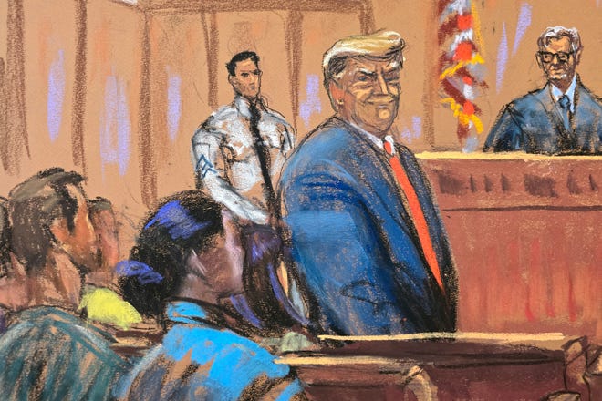 Former U.S. President Donald Trump smiles to the jury pool as he is introduced to them, at the beginning of his trial before Justice Juan Merchan over charges that he falsified business records to conceal money paid to silence porn star Stormy Daniels in 2016, in Manhattan state court in New York City, U.S. April 15, 2024 in this courtroom sketch. REUTERS/Jane Rosenberg/Pool