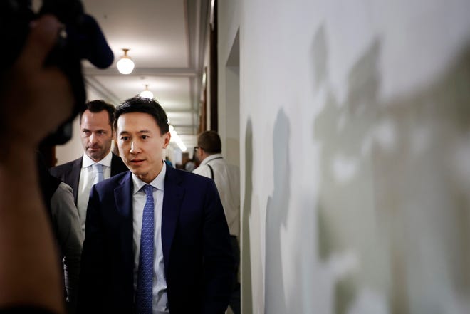 Shou Zi Chew, CEO of TikTok, departs from the office of Sen. John Fetterman (D-PA) at the Russell Senate Office Building on March 14, 2024 in Washington, DC.