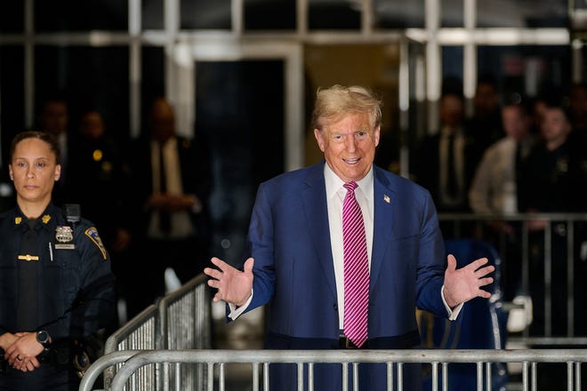 Former U.S. President and current Republican presidential candidate Donald Trump speaks at the State Supreme Court in Manhattan, in New York, U.S., April 19, 2024. Curtis Means/Pool via REUTERS