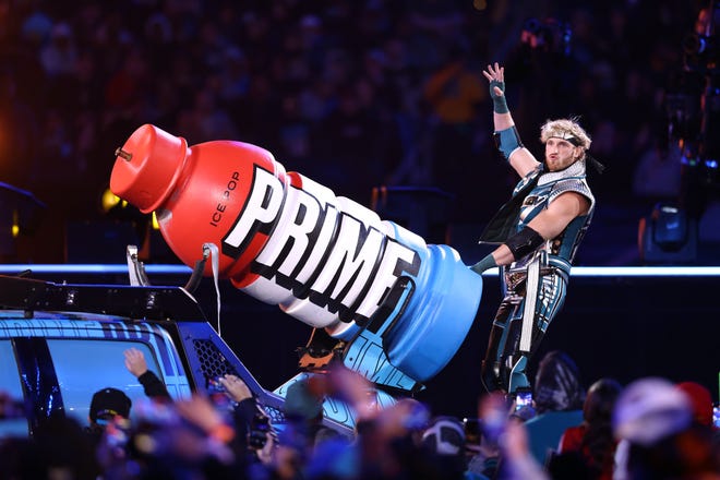 Logan Paul is introduced before a United States Triple Threat match against Randy Orton and Kevin Owens during Night Two at Lincoln Financial Field on April 07, 2024, in Philadelphia, Pennsylvania.