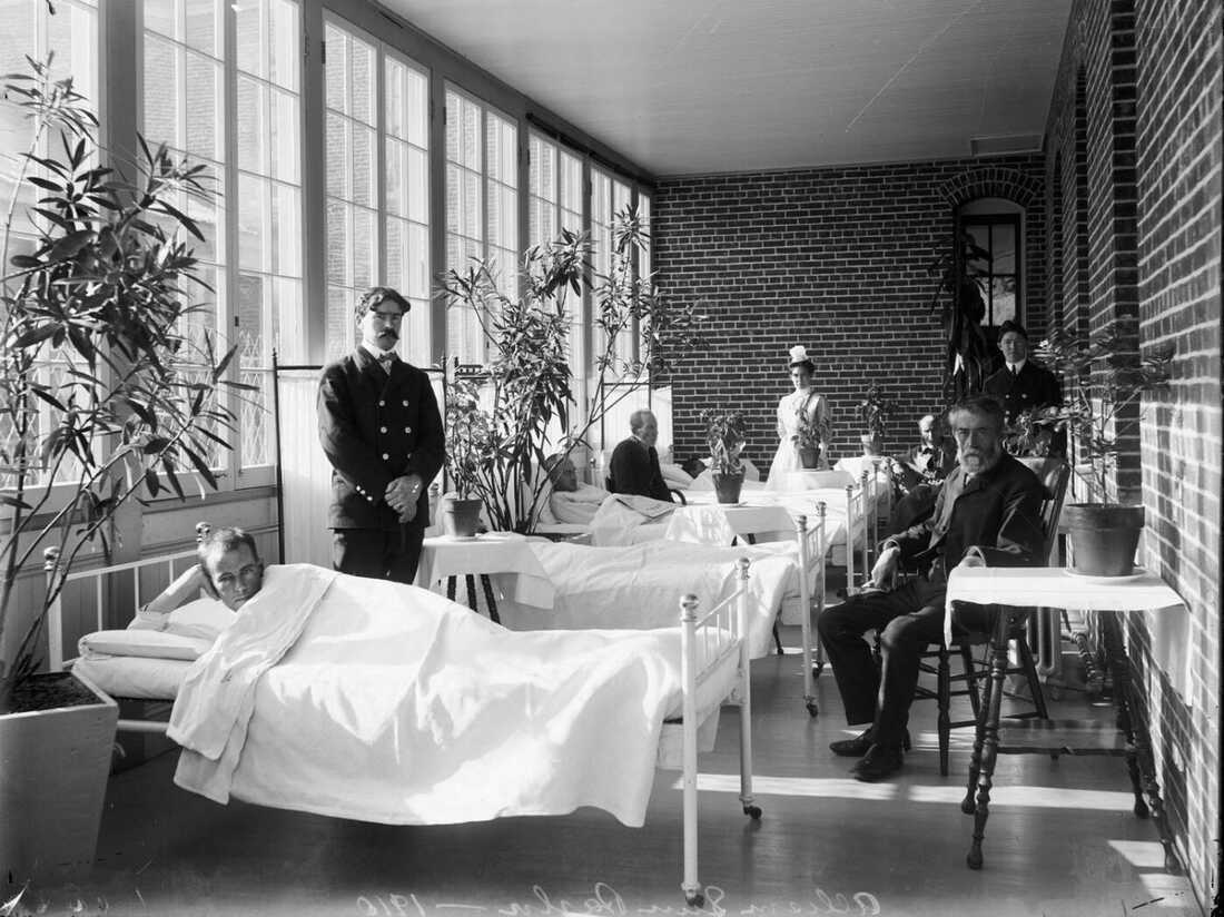 The porches of the 1890s Allison Buildings, shown above in 1910, were later enclosed to provide more space for patient beds.