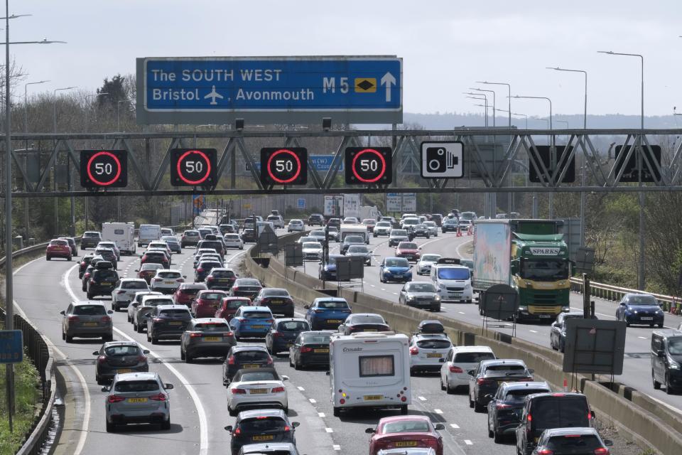 Bristol, UK. 29th Mar, 2024. Easter holiday causes traffic congestion on the M5 between junctions 15/16 and 17. Managed motorway speed restrictions are in place due to the volume of traffic heading south towards Devon and Cornwall. Highways England reports speeds in the low 20's. Credit: JMF News/Alamy Live News
