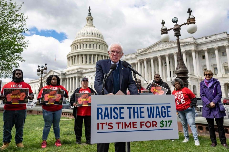US Senator and Health, Education, Labor and Pensions Chairman Bernie Sanders, I-Vt., speaks during a news conference with labor leaders to make an announcement on the federal minimum wage, on Capitol Hill in Washington, DC, on May 4, 2023.