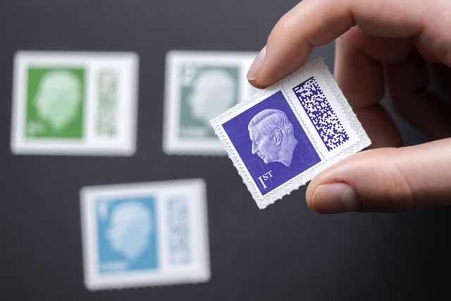 <p>Getty</p> A shot of the King Charles stamps in London on April 12, 2023.