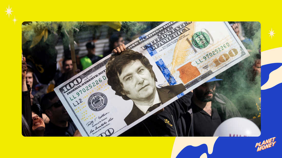 A supporter of Presidential candidate Javier Milei of La Libertad Avanza hold a gigantic fake US dollar bill with Milei's face during a rally on September 25, 2023 in San Martin, Buenos Aires, Argentina.