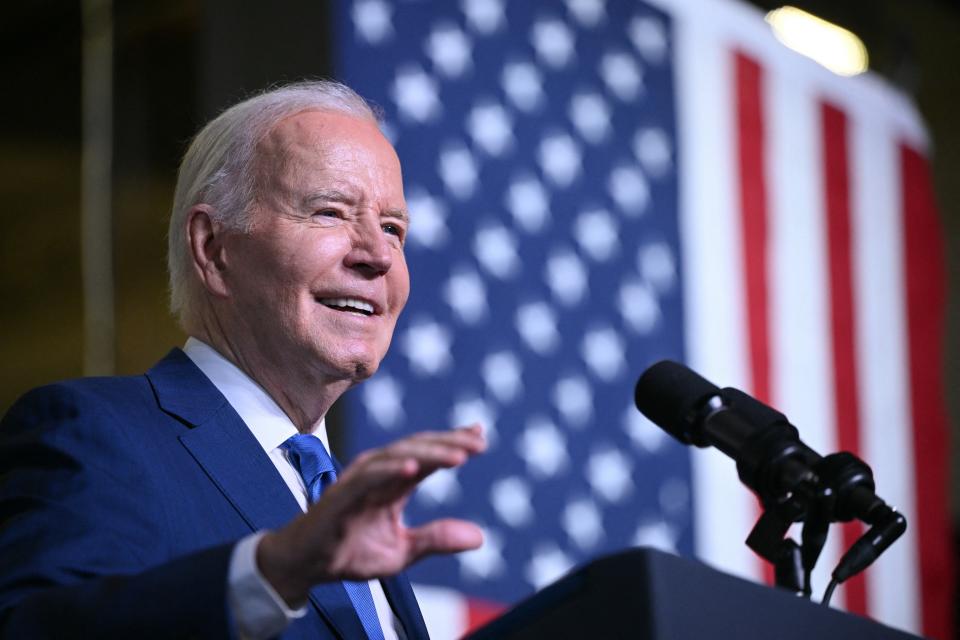 US President Joe Biden speaks about his Investing in America agenda, at Gateway Technical College in Sturtevant, Wisconsin, on May 8, 2024. Biden is highlighting a major investment by Microsoft in Racine, Wisconsin, a city on the shores of Lake Michigan, as part of the president's plan of 